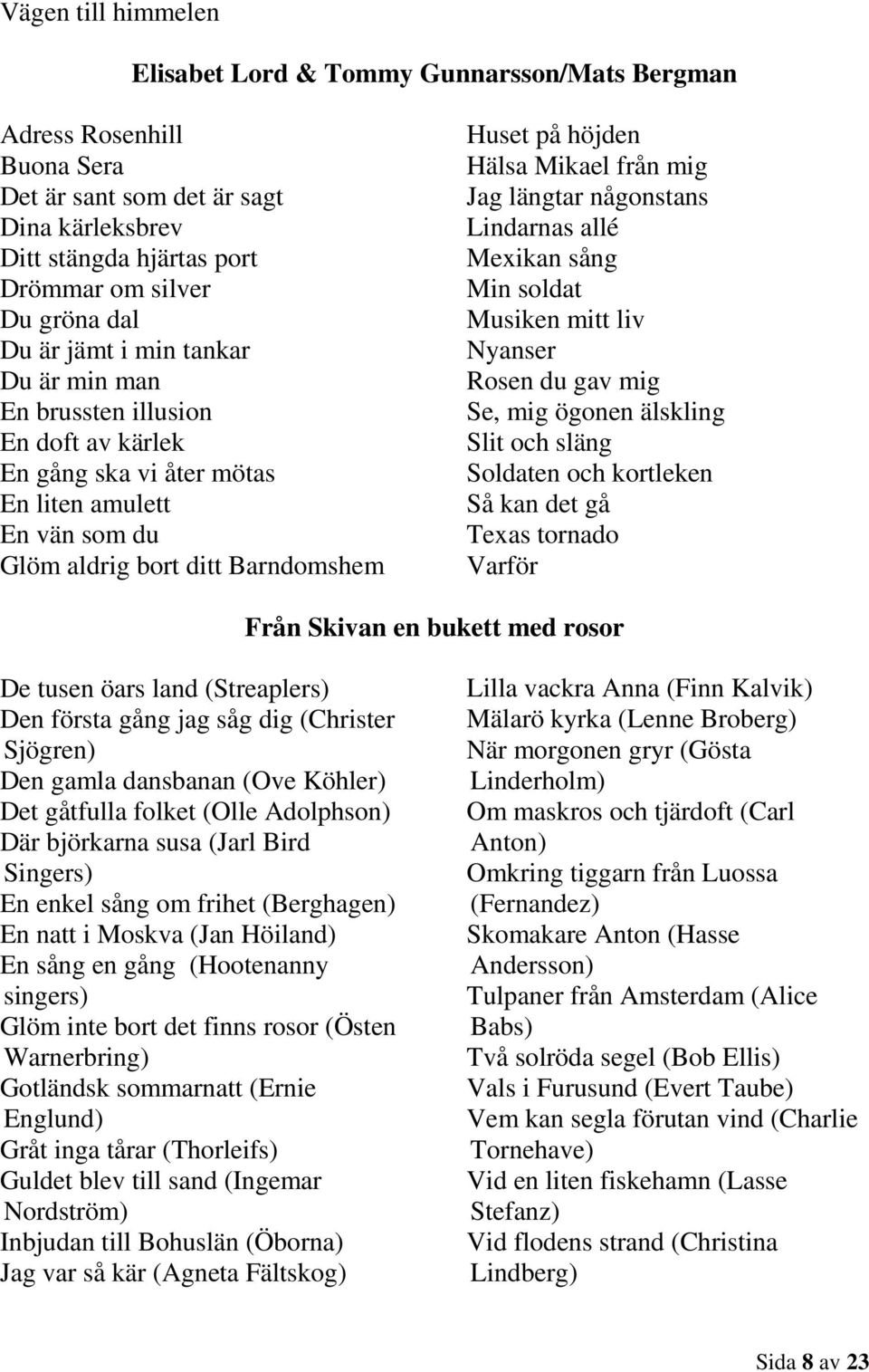 mig Jag längtar någonstans Lindarnas allé Mexikan sång Min soldat Musiken mitt liv Nyanser Rosen du gav mig Se, mig ögonen älskling Slit och släng Soldaten och kortleken Så kan det gå Texas tornado