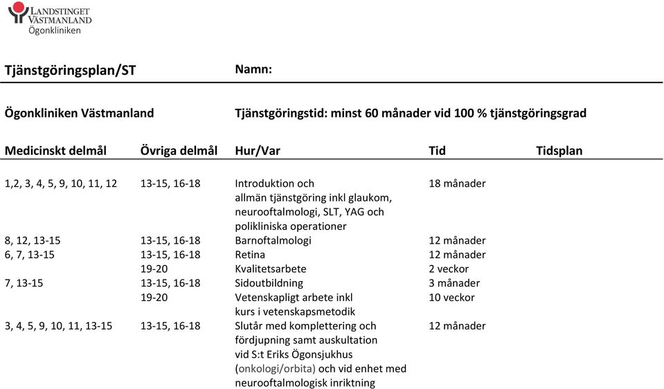 månader 6, 7, 13 15 13 15, 16 18 Retina 12 månader 19 20 Kvalitetsarbete 2 veckor 7, 13 15 13 15, 16 18 Sidoutbildning 3 månader 19 20 Vetenskapligt arbete inkl 10 veckor kurs i vetenskapsmetodik