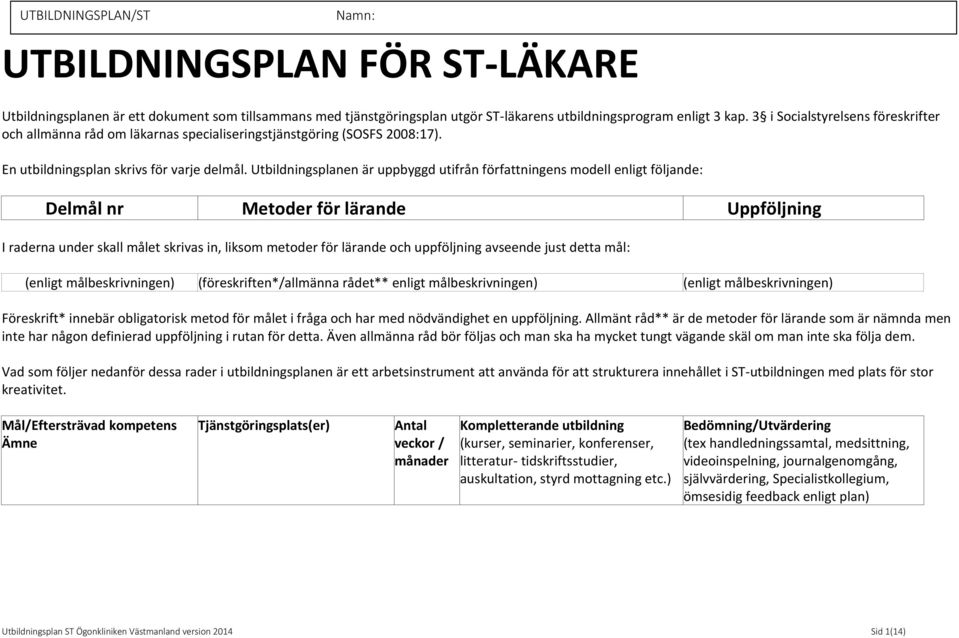 Utbildningsplanen är uppbyggd utifrån författningens modell enligt följande: Delmål nr Metoder för lärande Uppföljning I raderna under skall målet skrivas in, liksom metoder för lärande och