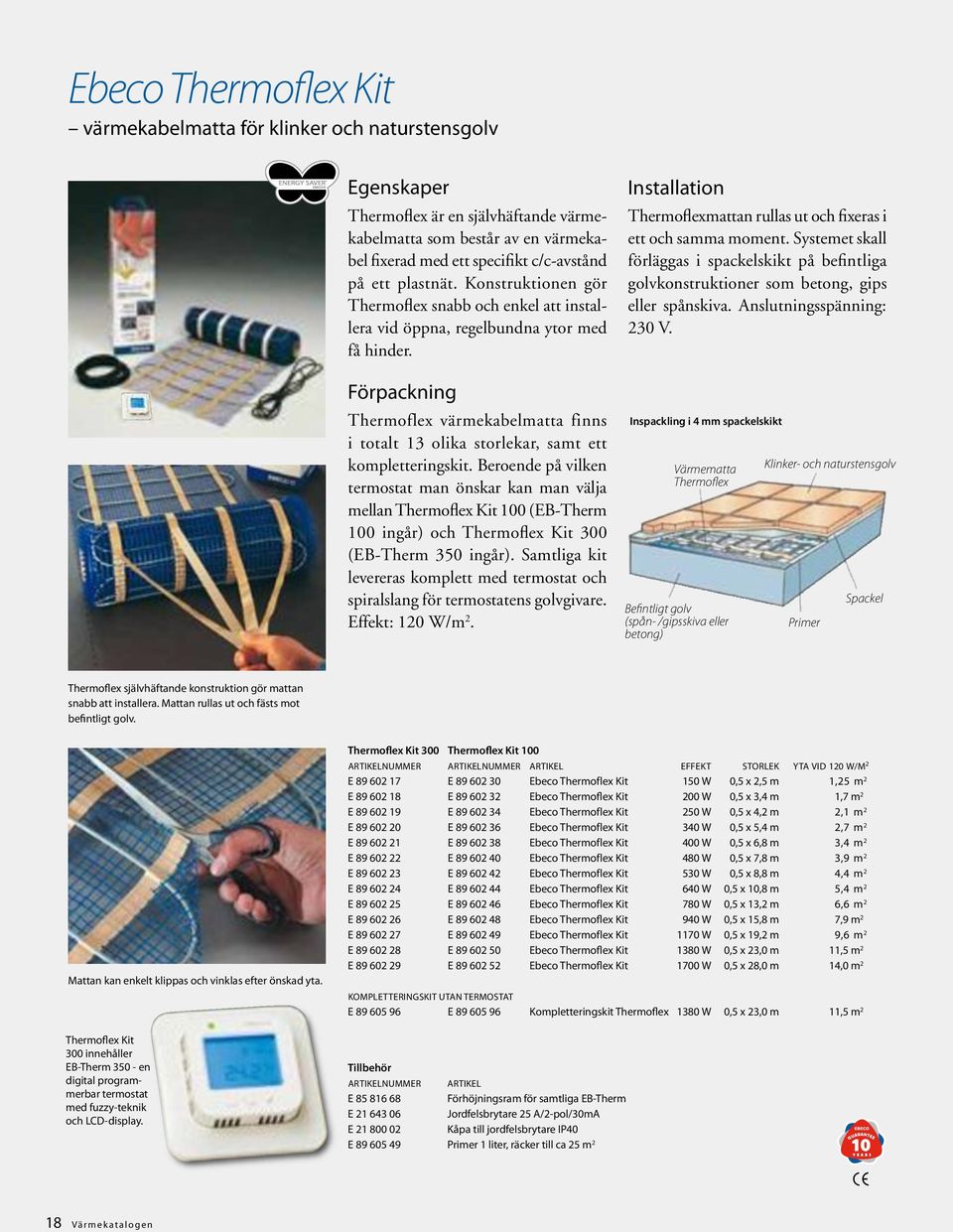 Förpackning Thermoflex värmekabelmatta finns i totalt 13 olika storlekar, samt ett kompletteringskit.