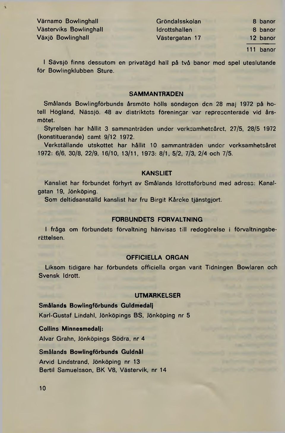 48 av distriktets föreningar var representerade vid årsmötet. Styrelsen har hållit 3 sammanträden under verksamhetsåret, 27/5, 28/5 1972 (konstituerande) samt 9/12 1972.