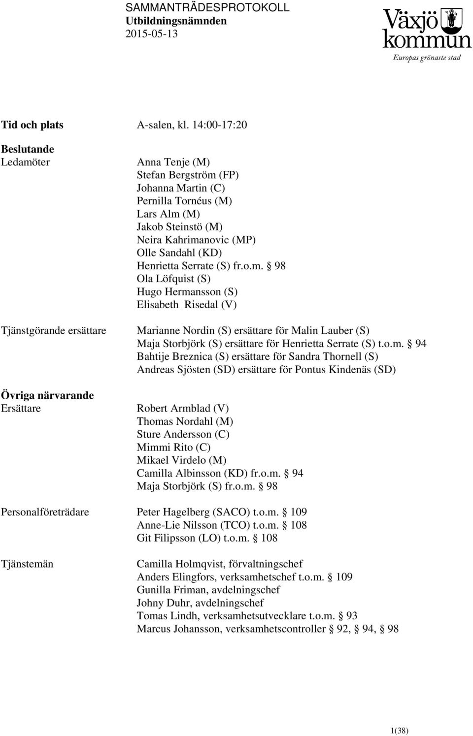 Alm (M) Jakob Steinstö (M) Neira Kahrimanovic (MP) Olle Sandahl (KD) Henrietta Serrate (S) fr.o.m. 98 Ola Löfquist (S) Hugo Hermansson (S) Elisabeth Risedal (V) Marianne Nordin (S) ersättare för Malin Lauber (S) Maja Storbjörk (S) ersättare för Henrietta Serrate (S) t.