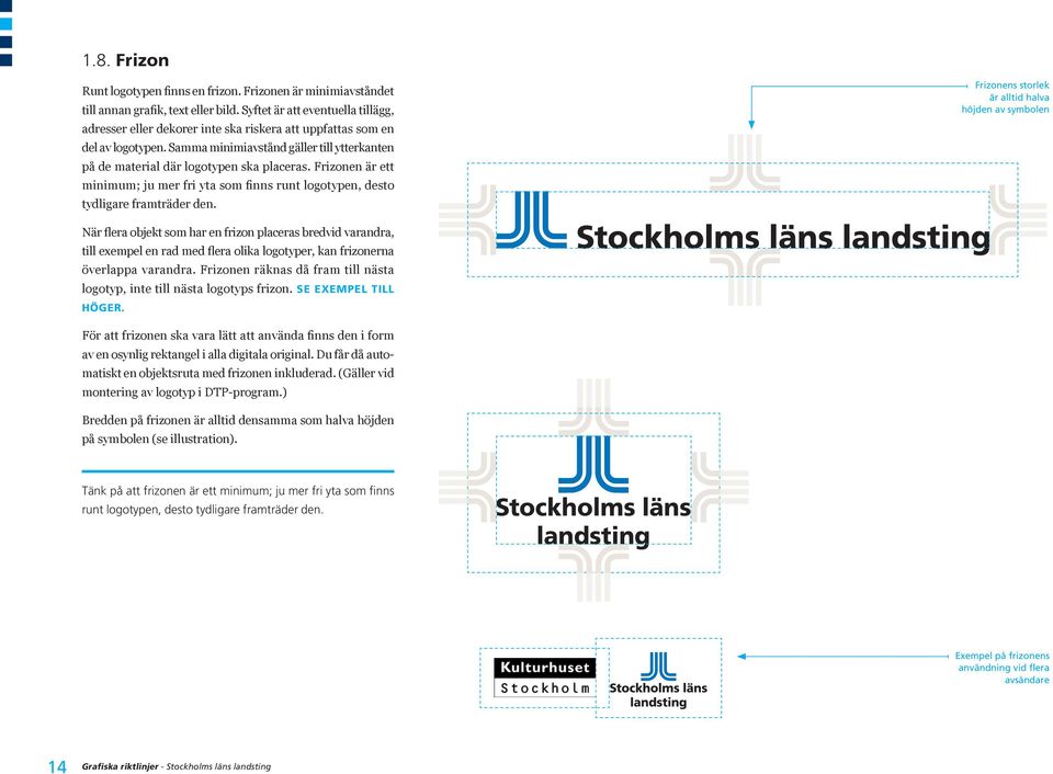 Frizonen är ett minimum; ju mer fri yta som finns runt logotypen, desto tydligare framträder den.