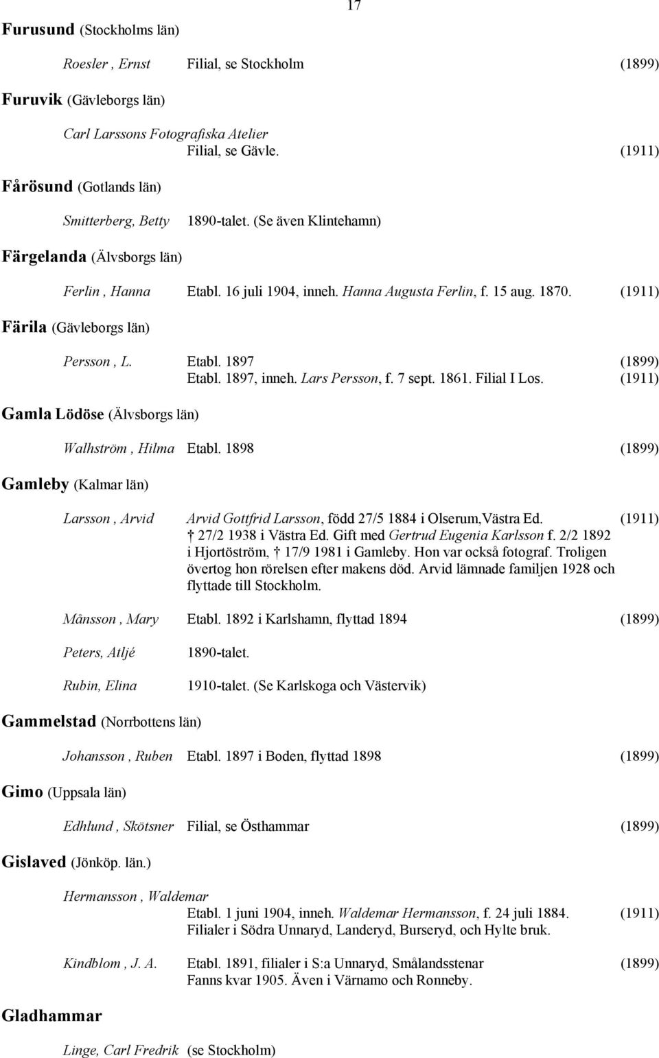 (1911) Färila (Gävleborgs län) Persson, L. Etabl. 1897 (1899) Etabl. 1897, inneh. Lars Persson, f. 7 sept. 1861. Filial I Los. (1911) Gamla Lödöse (Älvsborgs län) Walhström, Hilma Etabl.