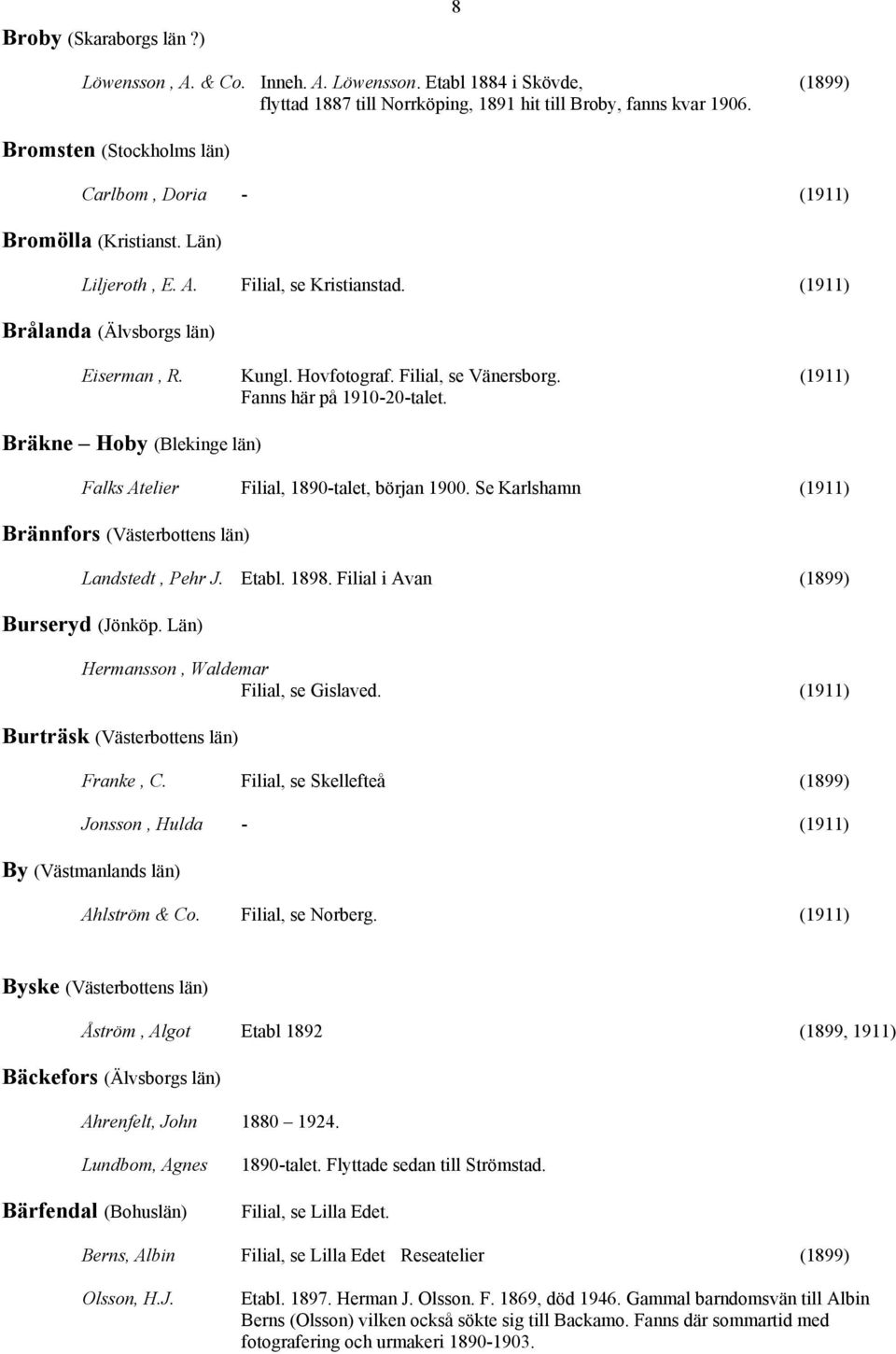 Filial, se Vänersborg. (1911) Fanns här på 1910-20-talet. Bräkne Hoby (Blekinge län) Falks Atelier Filial, 1890-talet, början 1900. Se Karlshamn (1911) Brännfors (Västerbottens län) Landstedt, Pehr J.
