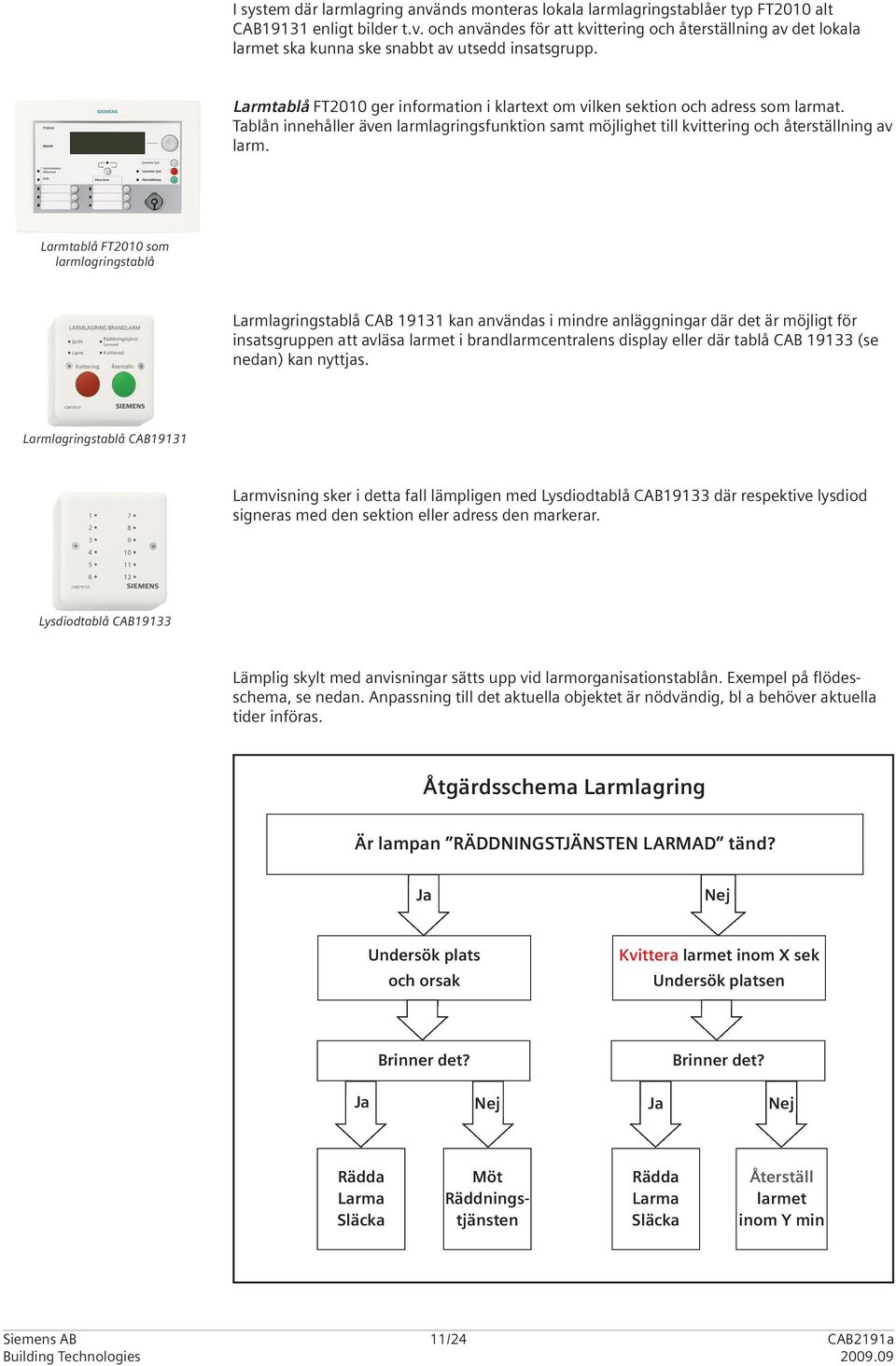 Larmtablå FT2010 som larmlagringstablå Larmlagringstablå CAB 19131 kan användas i mindre anläggningar där det är möjligt för insatsgruppen att avläsa larmet i brandlarmcentralens display eller där