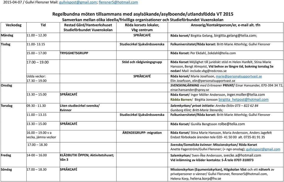 gelang@telia.com; Tisdag 11.00-13.15 Studiecirkel Sjukvårdssvenska Folkuniversitetet/Röda korset: Britt-Marie Atterhög; Gullvi Flensner 15.00 17.00 TRYGGHETSGRUPP : Per Ekdahl, 2ekdahl@telia.com 17.