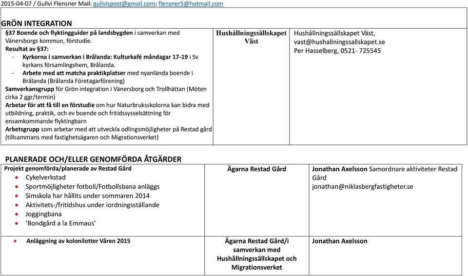 - Arbete med att matcha praktikplatser med nyanlända boende i Brålanda (Brålanda Företagarförening) Samverkansgrupp för Grön integration i Vänersborg och Trollhättan (Möten cirka 2 ggr/termin)