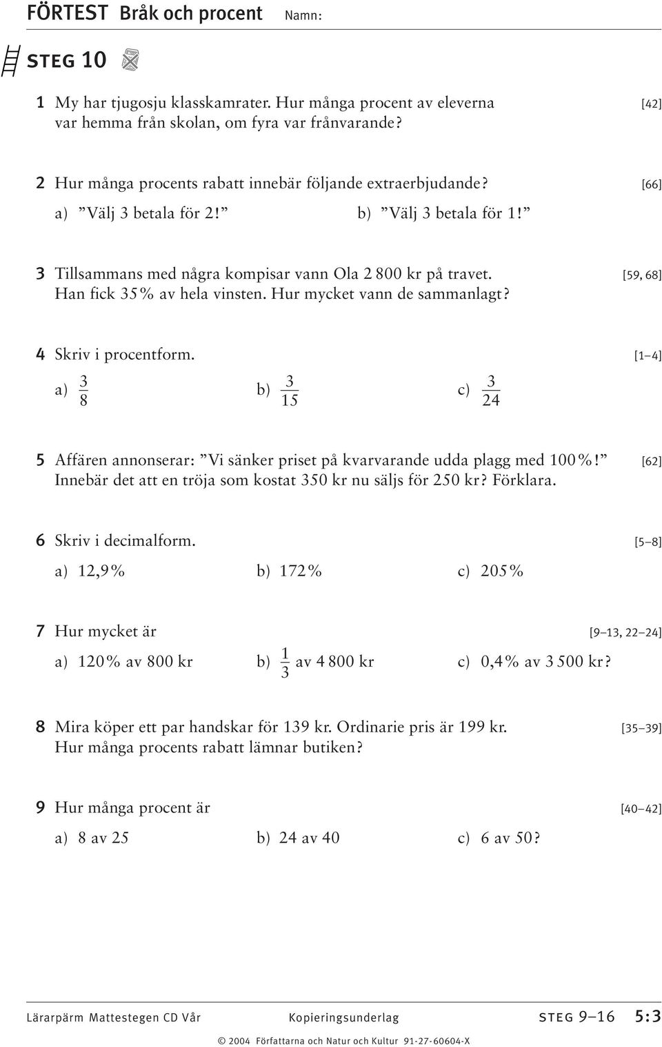 [59, 68] Han fick 5% av hela vinsten. Hur mycket vann de sammanlagt? 4 Skriv i procentform. a) b) c) 8 15 24 [1 4] 5 Affären annonserar: Vi sänker priset på kvarvarande udda plagg med 100%!