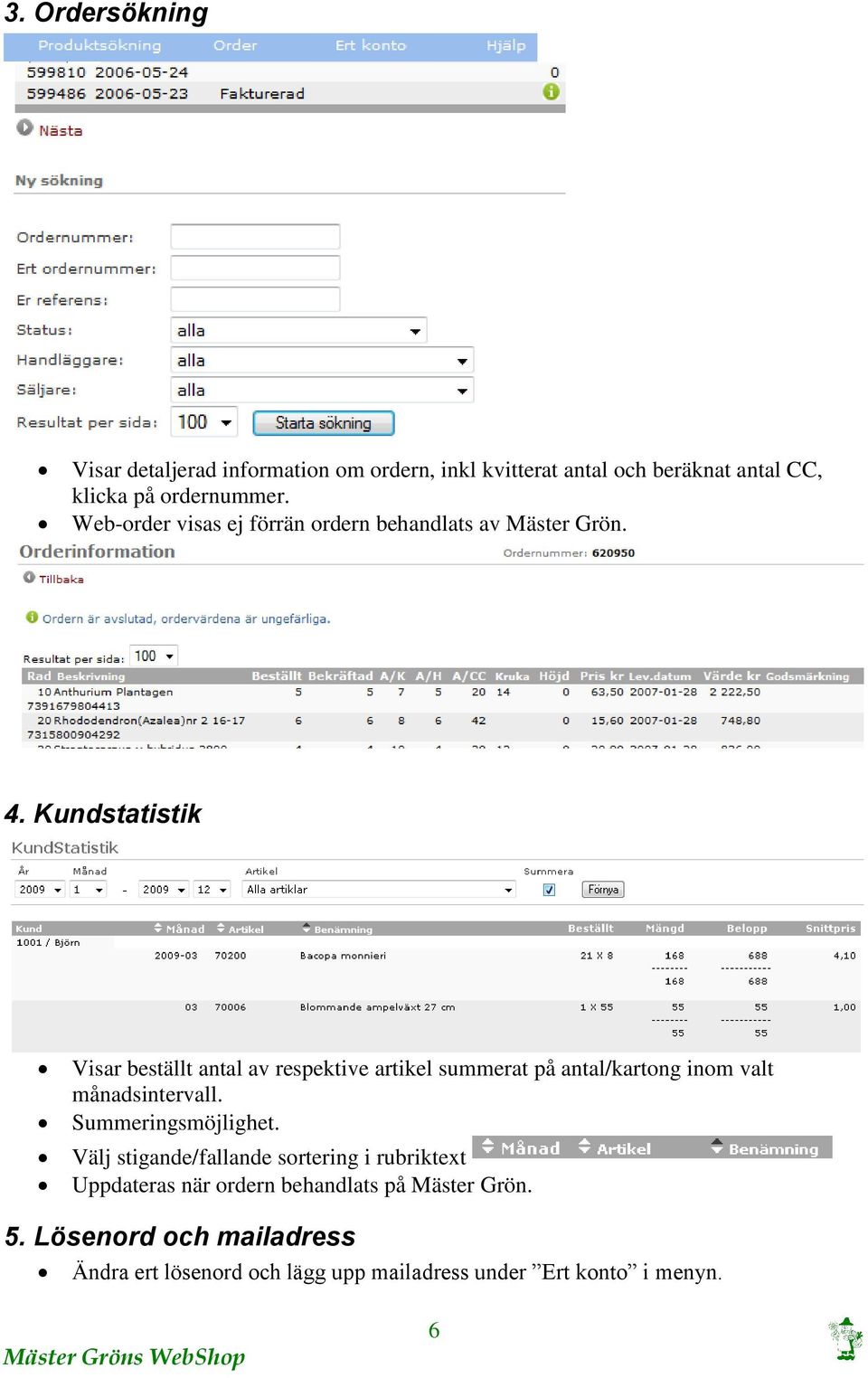 Kundstatistik Visar beställt antal av respektive artikel summerat på antal/kartong inom valt månadsintervall.