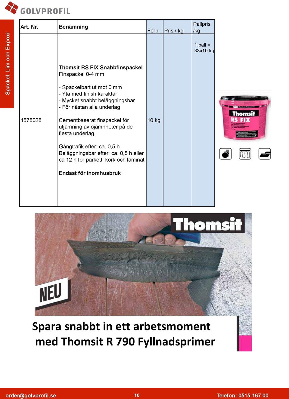 För nästan alla underlag Pris / kg Pallpris /kg 1 pall = 33x10 kg 1578028 Cementbaserat finspackel för utjämning av ojämnheter på de