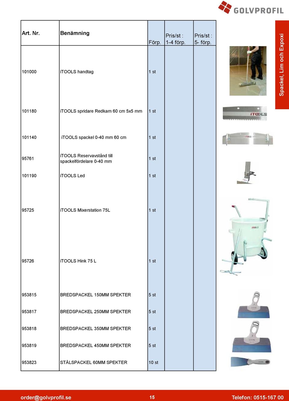 Reservavstånd till spackelfördelare 0-40 mm 101190 itools Led 95725 itools Mixerstation 75L 95726 itools Hink 75 L 953815