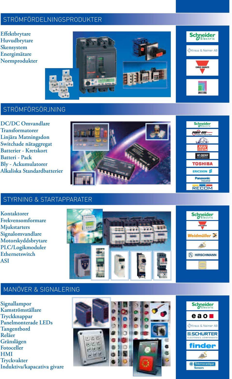 Kontaktorer Frekvensomformare Mjukstarters Signalomvandlare Motorskyddsbrytare PLC/Logikmoduler Ethernetswitch ASI Signalomvandlare Manöver & Signalering Signallampor