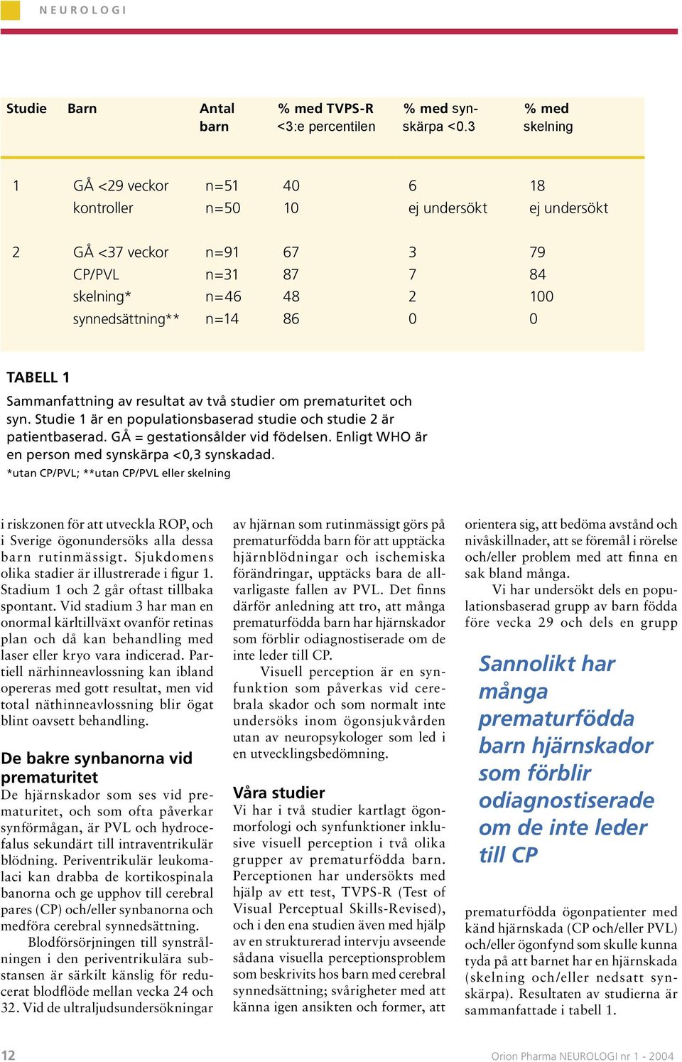 1 Sammanfattning av resultat av två studier om prematuritet och syn. Studie 1 är en populationsbaserad studie och studie 2 är patientbaserad. GÅ = gestationsålder vid födelsen.