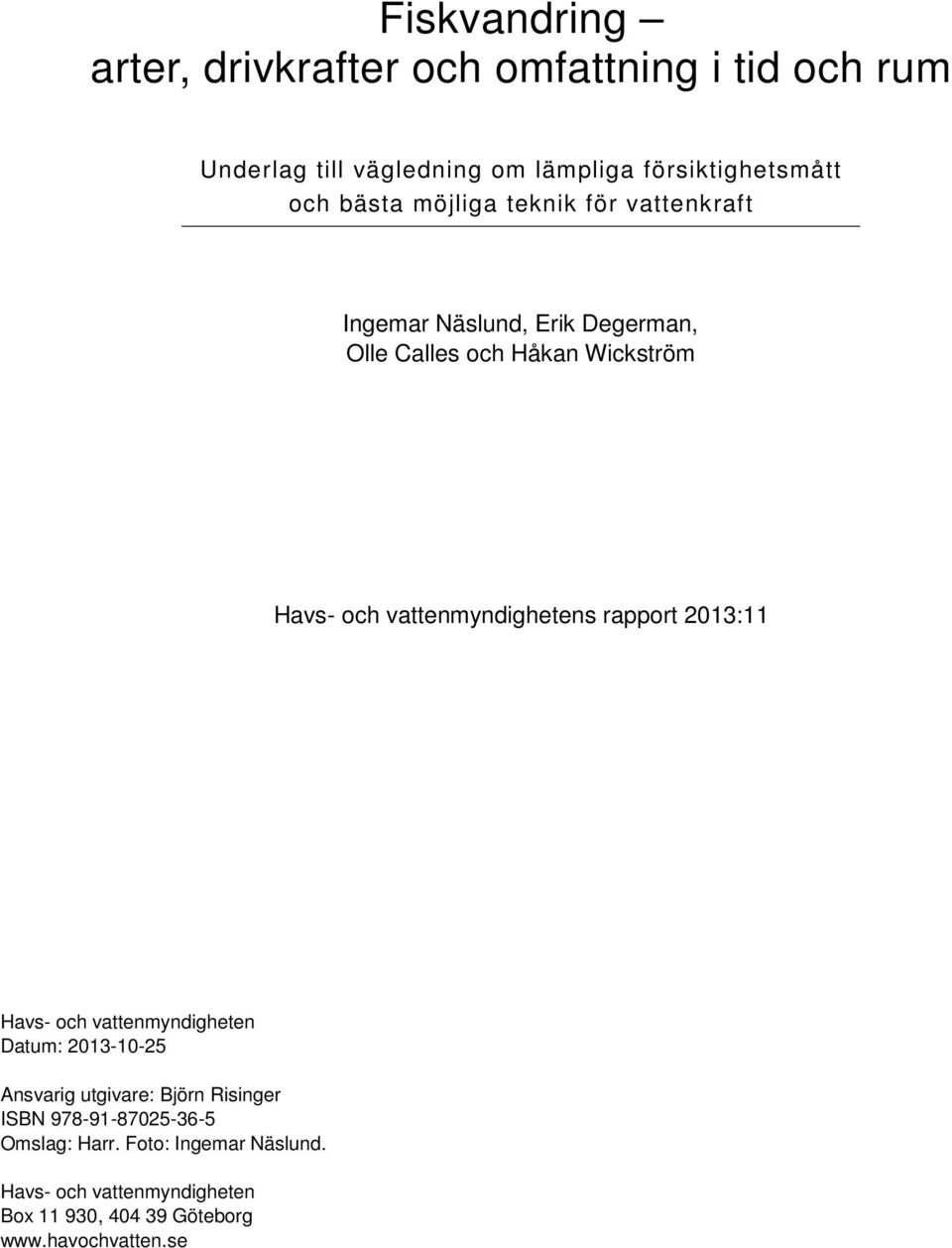 vattenmyndighetens rapport 2013:11 Havs- och vattenmyndigheten Datum: 2013-10-25 Ansvarig utgivare: Björn Risinger ISBN
