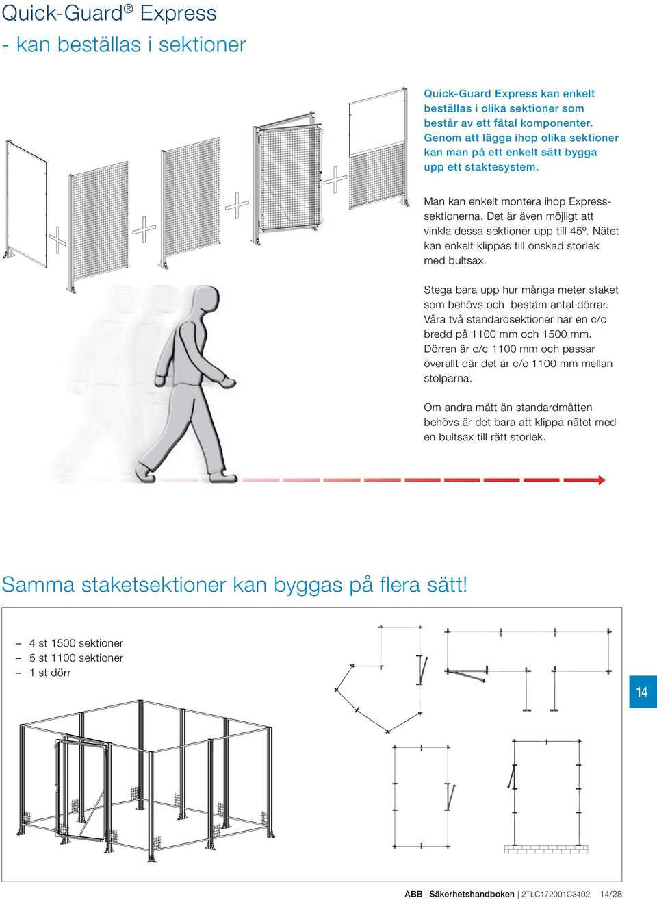 Nätet kan enkelt klippas till önskad storlek med bultsax. Stega bara upp hur många meter staket som behös och bestäm antal dörrar. Våra tå standardsektioner har en c/c bredd på 1100 mm och 100 mm.