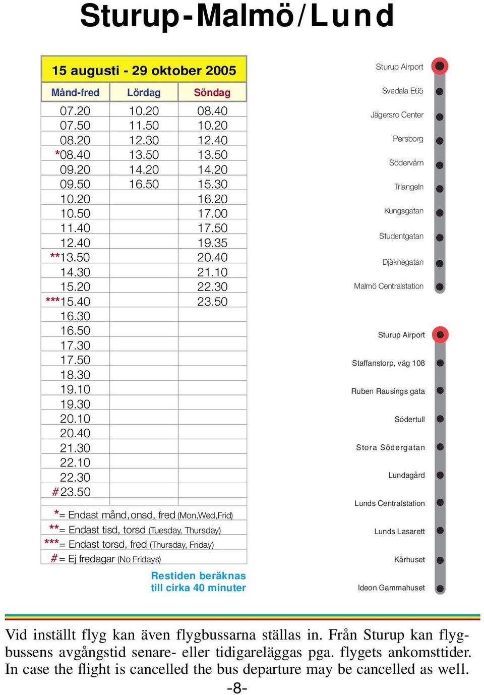 50 *= Endast månd,onsd, fred (Mon,Wed,Frid) **= Endast tisd, torsd (Tuesday, Thursday) ***= Endast torsd, fred (Thursday, Friday) # = Ej fredagar (No Fridays) Restiden beräknas till cirka 40 minuter