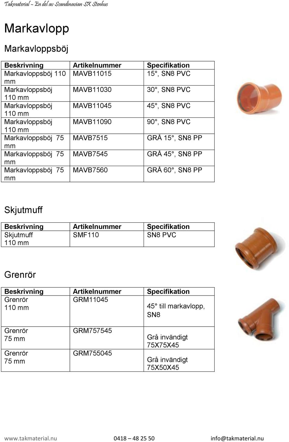 MAVB7545 GRÅ 45, SN8 PP mm Markavloppsböj 75 mm MAVB7560 GRÅ 60, SN8 PP Skjutmuff Skjutmuff SMF110 SN8 PVC Grenrör Grenrör