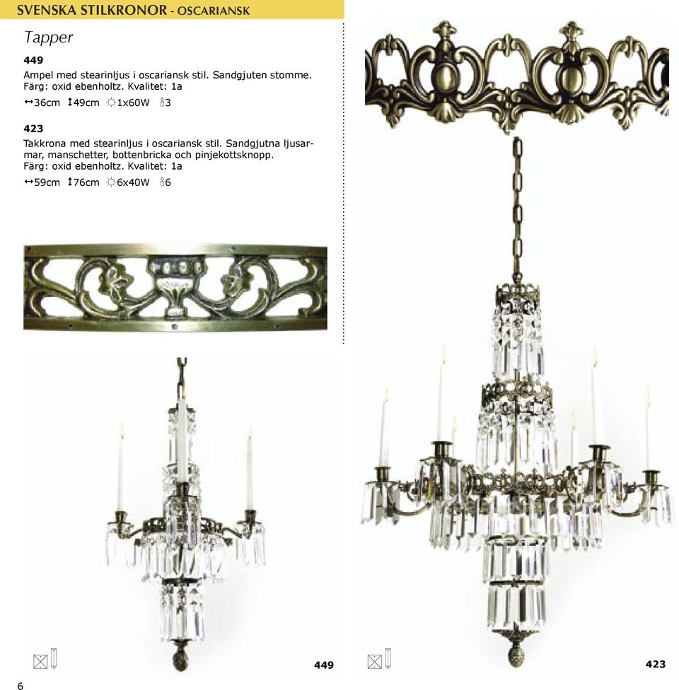 Kvalitet: 1a 36cm 49cm 1x60W 3 423 Takkrona med stearinljus i oscariansk stil.