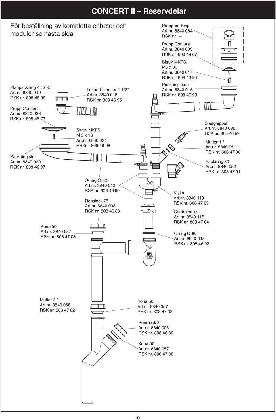 Propp Contura rt.nr. 8840 009 RSK nr. 808 49 07 Skruv MKFS, M6 x 30 rt.nr. 8840 017 RSK nr. 808 46 94 Packning liten rt.nr. 8840 016 RSK nr. 808 46 93 Slangnippel rt.nr. 8840 036 RSK nr.