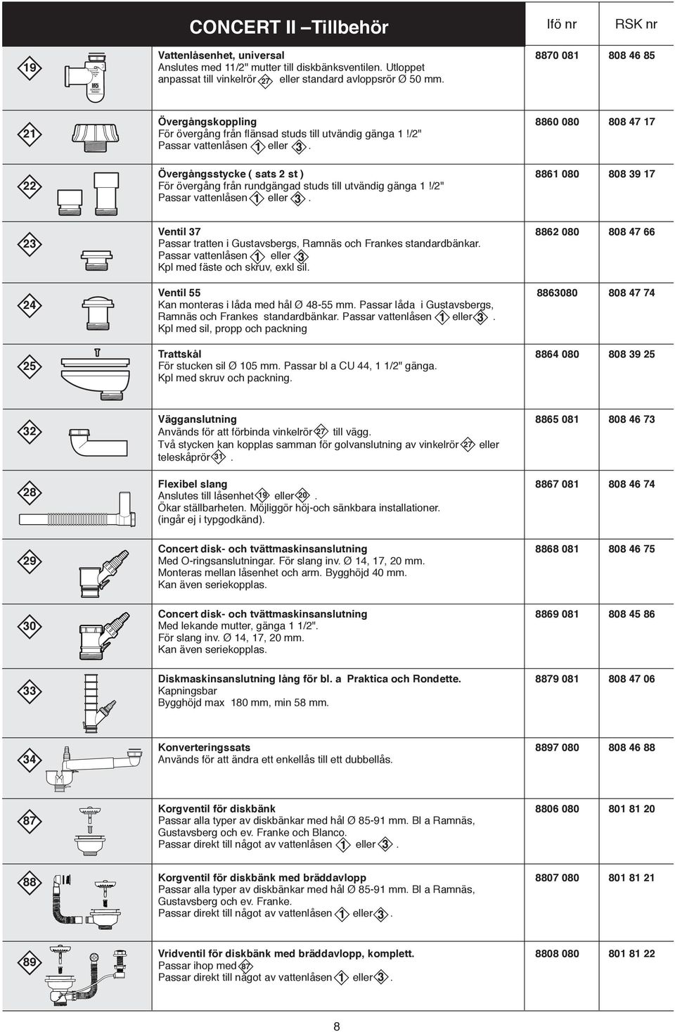 /2" Passar vattenlåsen 1 eller 3. Övergångsstycke ( sats 2 st ) 8861 080 808 39 17 För övergång från rundgängad studs till utvändig gänga 1!/2" Passar vattenlåsen 1 eller 3. 23 24 25 Ventil 37 8862 080 808 47 66 Passar tratten i Gustavsbergs, Ramnäs och Frankes standardbänkar.