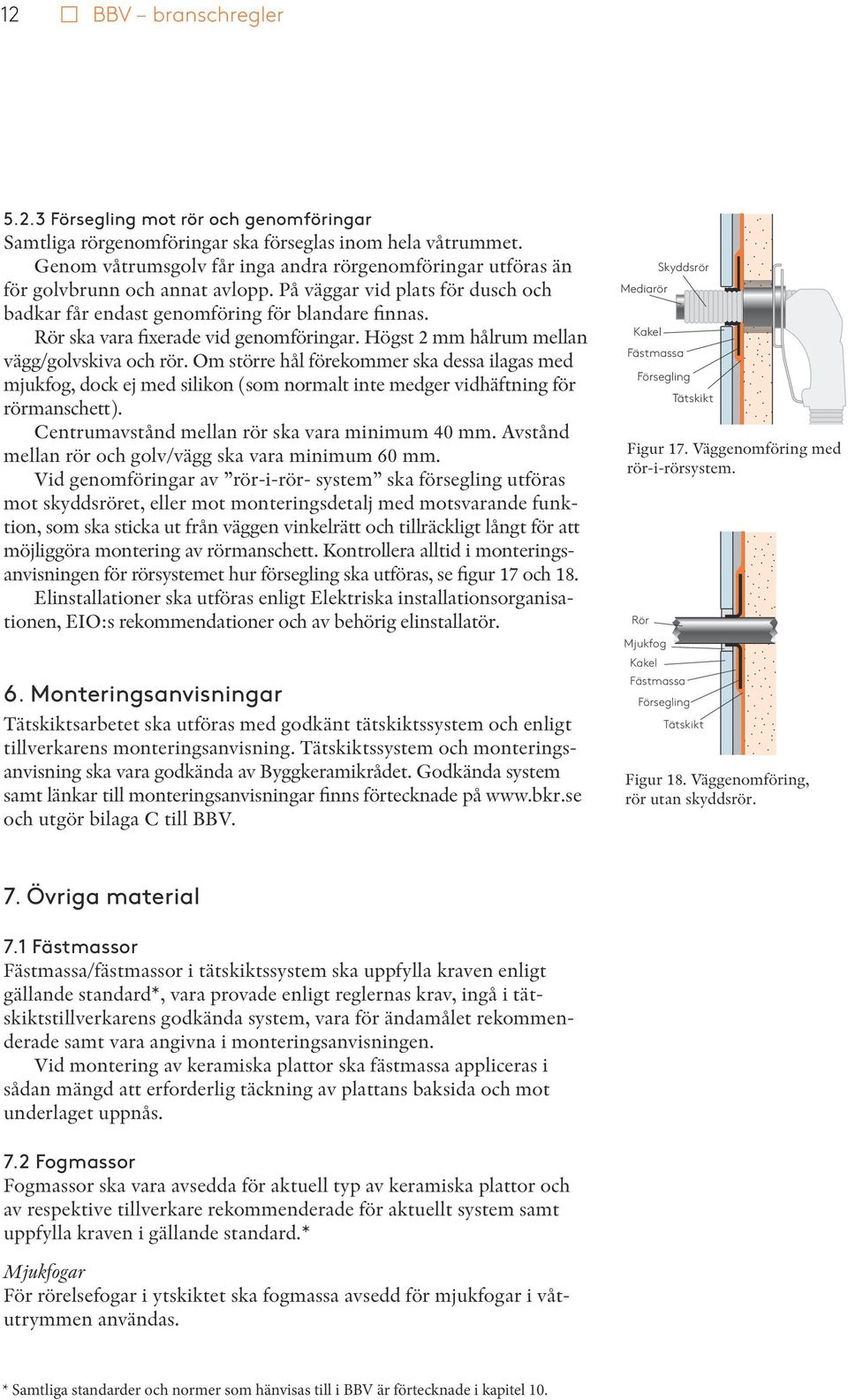 Rör ska vara fixerade vid genomföringar. Högst 2 mm hålrum mellan vägg/golvskiva och rör.