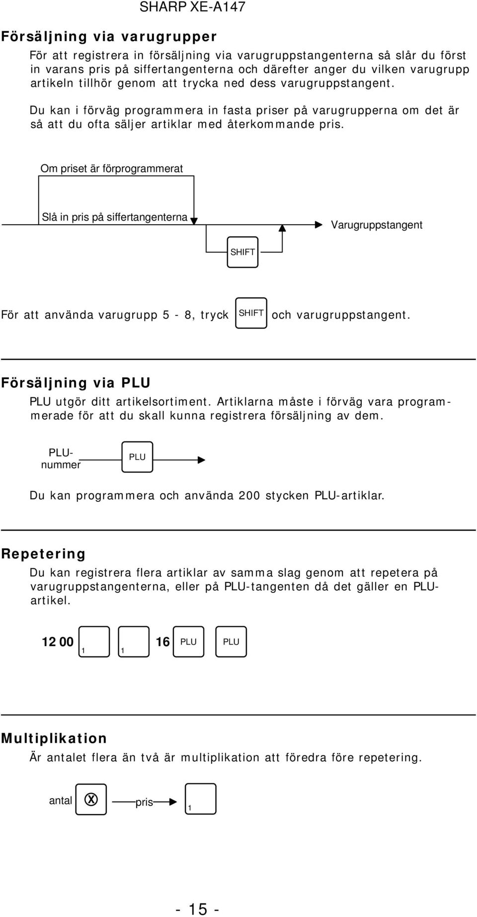 Om priset är förprogrammerat Slå in pris på siffertangenterna Varugruppstangent SHIFT För att använda varugrupp 5-8, tryck SHIFT och varugruppstangent.