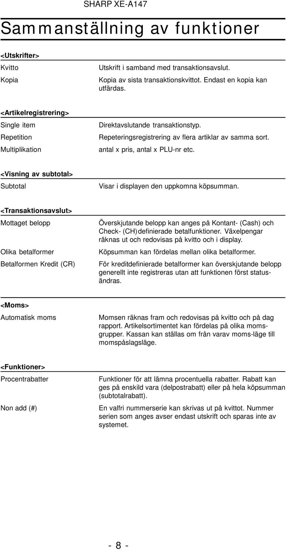 <Visning av subtotal> Subtotal Visar i displayen den uppkomna köpsumman.