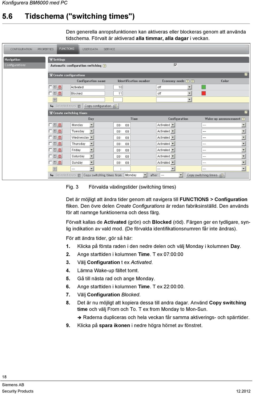 Den övre delen Create Configurations är redan fabriksinställd. Den används för att namnge funktionerna och dess färg. Förvalt kallas de Activated (grön) och Blocked (röd).