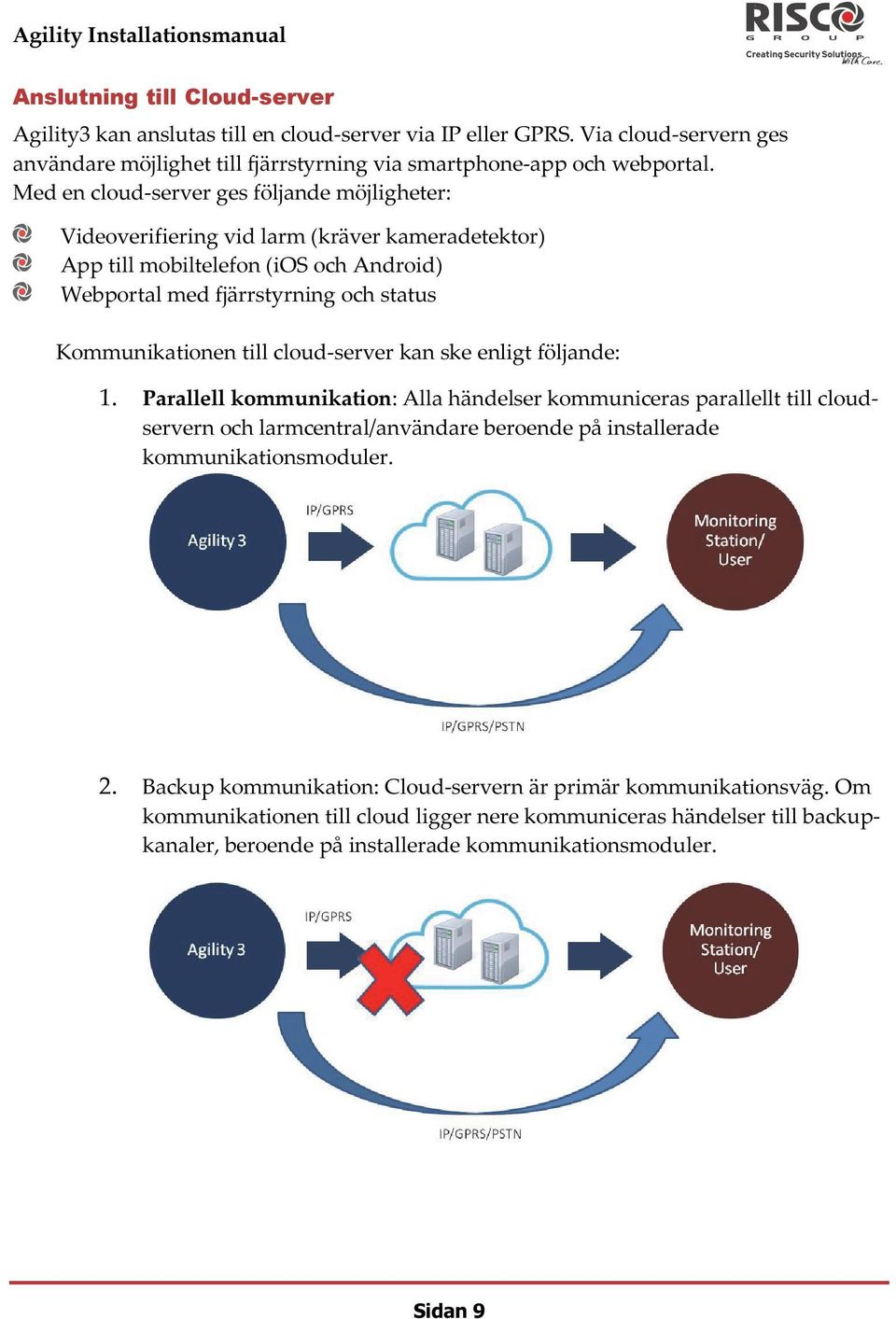 cloud-server kan ske enligt följande: 1. Parallell kommunikation: Alla händelser kommuniceras parallellt till cloudservern och larmcentral/användare beroende på installerade kommunikationsmoduler.