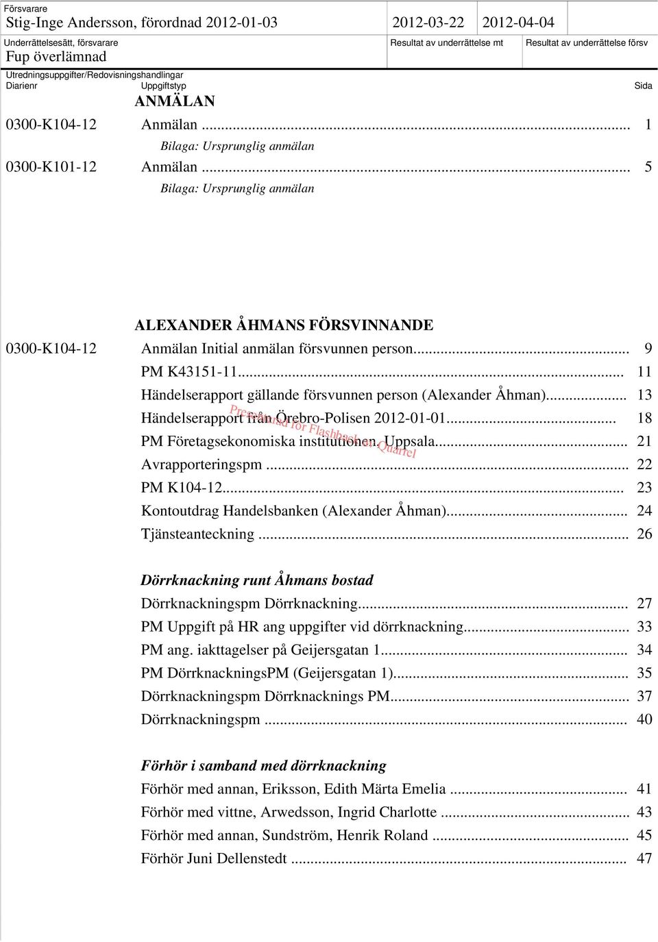 .. 5 Bilaga: Ursprunglig anmälan ALEXANDER ÅHMANS FÖRSVINNANDE 0300-K104-12 Anmälan Initial anmälan försvunnen person... 9 PM K43151-11.