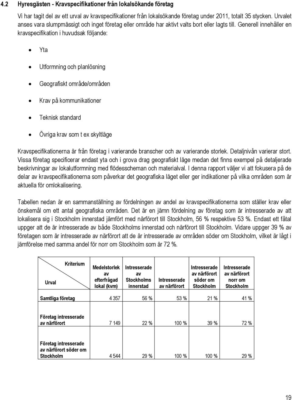 Generell innehåller en kravspecifikation i huvudsak följande: Yta Utformning och planlösning Geografiskt område/områden Krav på kommunikationer Teknisk standard Övriga krav som t ex skyltläge