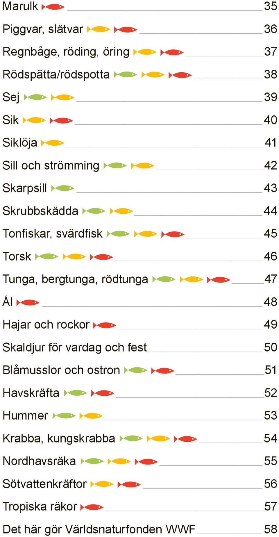 Ål 48 Hajar och rockor 49 Skaldjur för vardag och fest 50 Blåmusslor och ostron 51 Havskräfta 52 Hummer 53