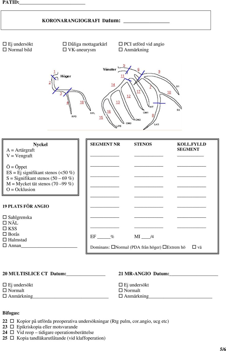 FYLLD SEGMENT EF % MI /4 Dominans: Normal (PDA från höger) Extrem hö vä 20 MULTISLICE CT Datum: 21 MR-ANGIO Datum: Ej undersökt Normalt Anmärkning Ej undersökt Normalt Anmärkning Bifogas: