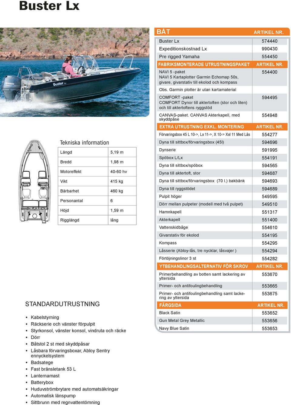 CANVAS Akterkapell, med skyddpåse 594495 554948 Tekniska information Längd 5,19 m Bredd 1,98 m Motoreffekt 40-60 hv Vikt 415 kg Bärbarhet 460 kg Personantal 6 Höjd 1,59 m Extra utrustning exkl.