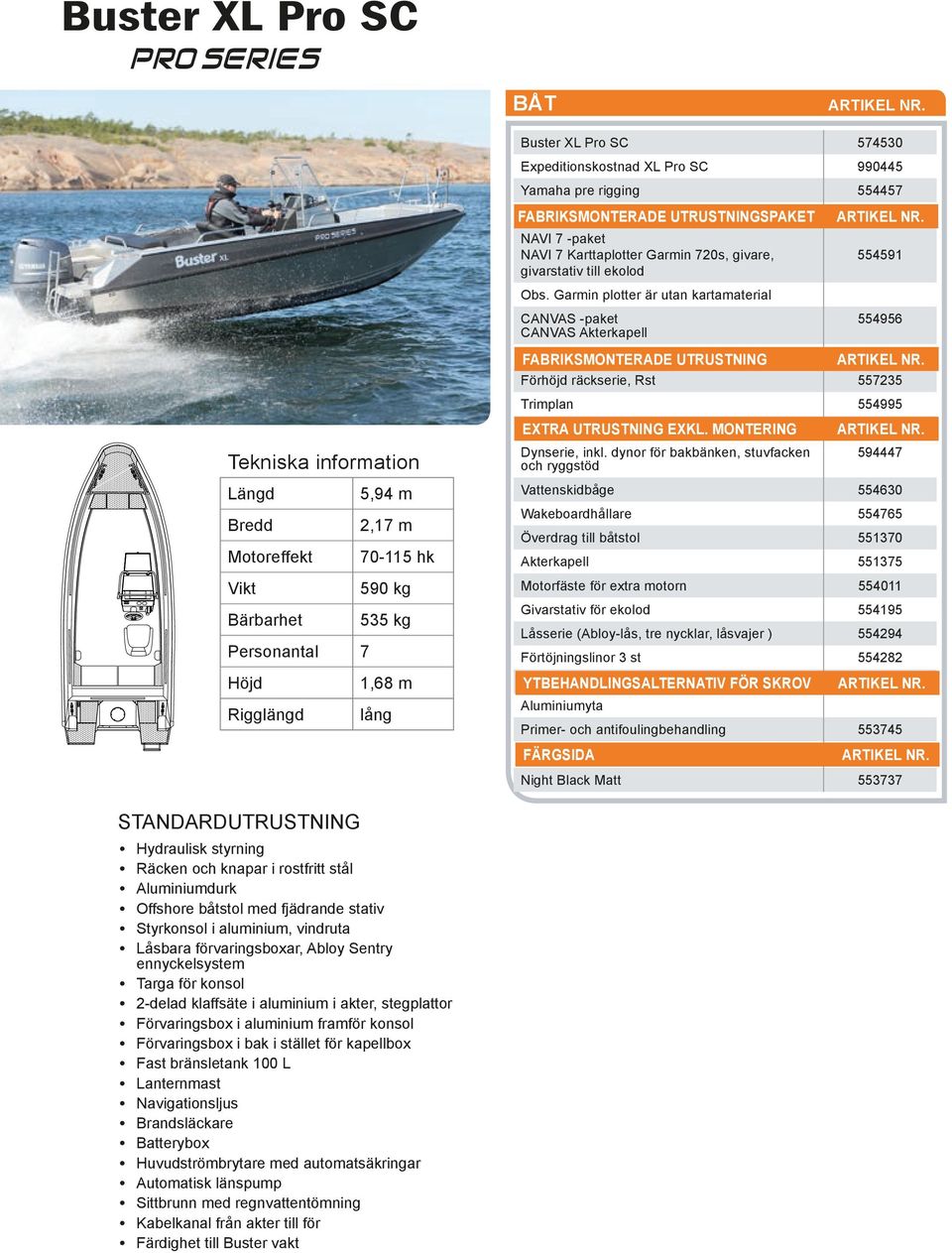 Garmin plotter är utan kartamaterial CANVAS -paket 554956 CANVAS Akterkapell Fabriksmonterade utrustning Förhöjd räckserie, Rst 557235 Trimplan 554995 Extra utrustning exkl. montering Dynserie, inkl.