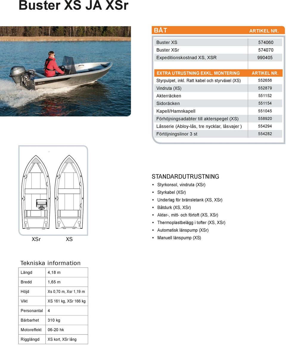 nycklar, låsvajer ) 554294 Förtöjningslinor 3 st 554282 XSr XS Standardutrustning Styrkonsol, vindruta (XSr) Styrkabel (XSr) Underlag för bränsletank (XS, XSr) Båtdurk (XS, XSr) Akter-, mitt- och