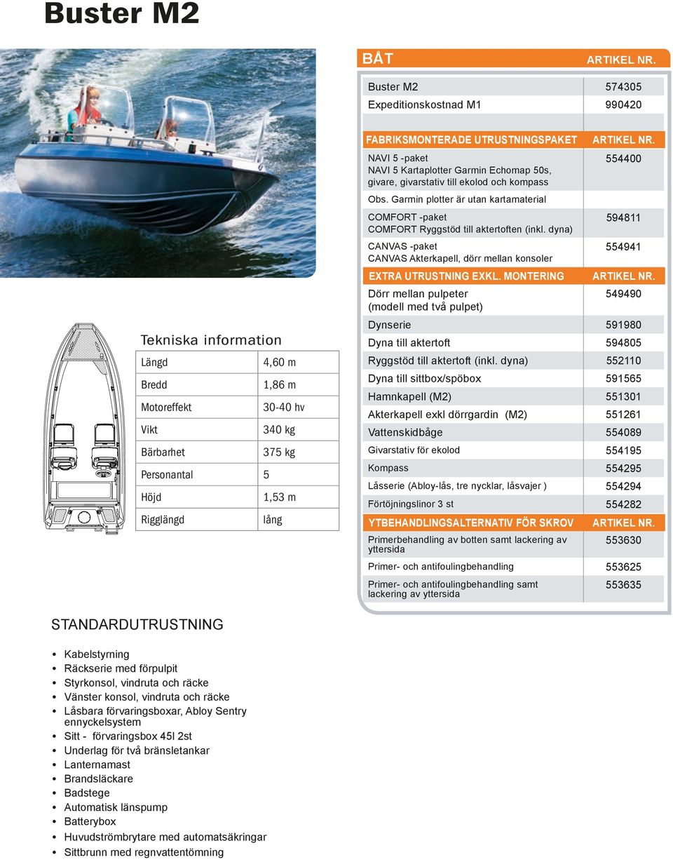 Garmin plotter är utan kartamaterial COMFORT -paket 594811 COMFORT Ryggstöd till aktertoften (inkl. dyna) CANVAS -paket 554941 CANVAS Akterkapell, dörr mellan konsoler Extra utrustning exkl.