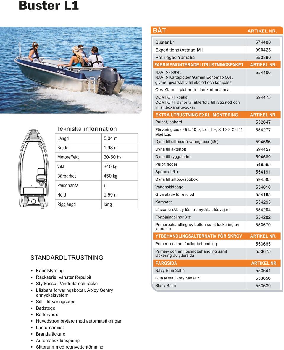 Garmin plotter är utan kartamaterial COMFORT -paket COMFORT dynor till aktertoft, till ryggstöd och till sittboxar/stuvboxar 594475 Tekniska information Längd 5,04 m Bredd 1,98 m Motoreffekt 30-50 hv