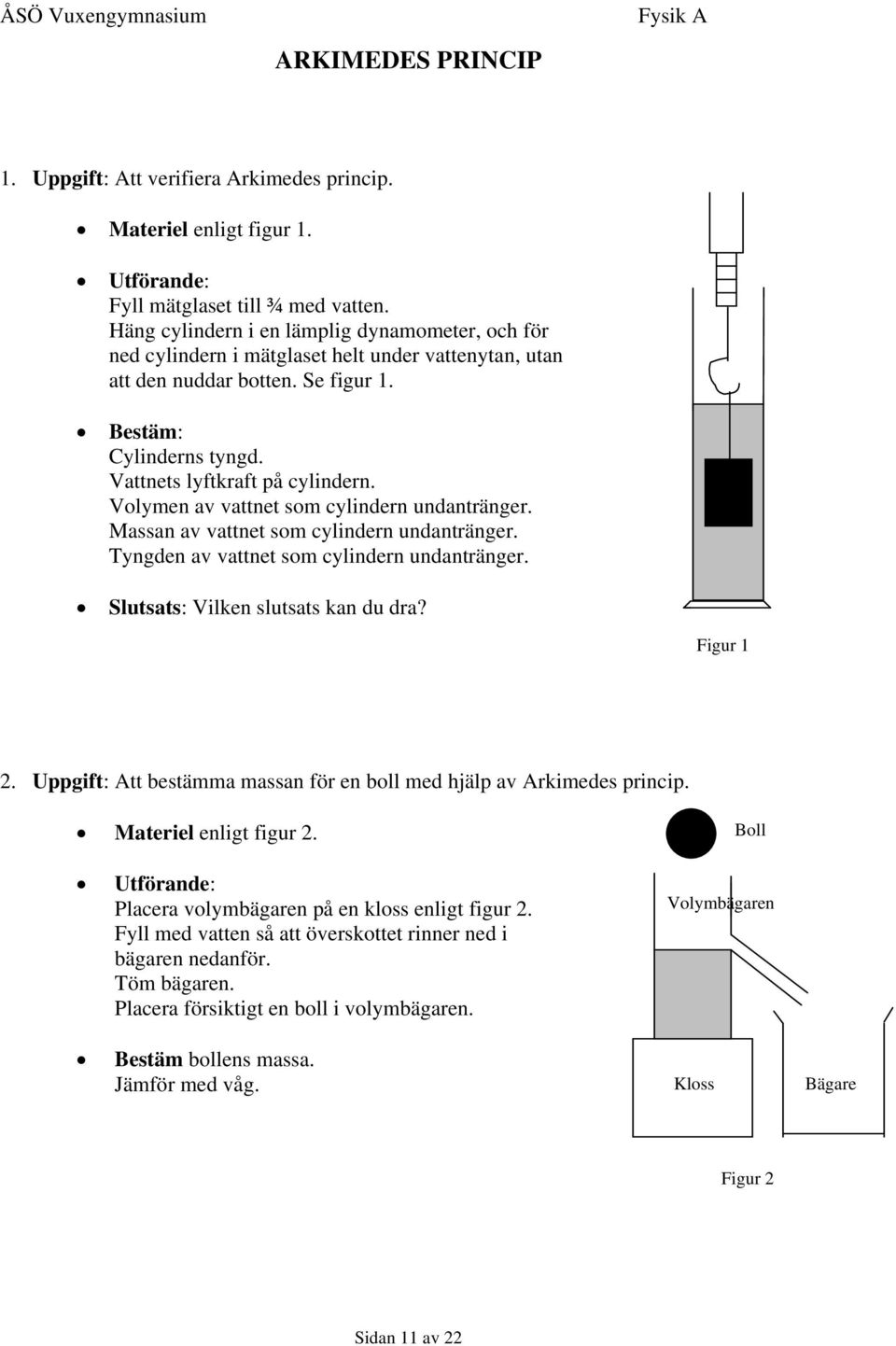 Volymen av vattnet som cylindern undantränger. Massan av vattnet som cylindern undantränger. Tyngden av vattnet som cylindern undantränger. Slutsats: Vilken slutsats kan du dra? Figur 1 2.