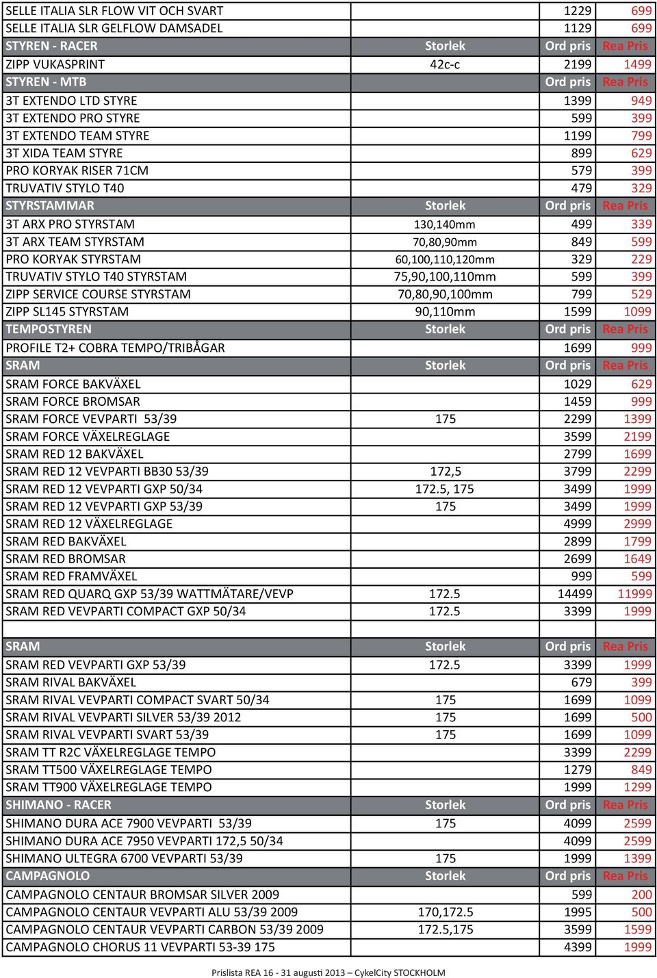 Rea Pris 3T ARX PRO STYRSTAM 130,140mm 499 339 3T ARX TEAM STYRSTAM 70,80,90mm 849 599 PRO KORYAK STYRSTAM 60,100,110,120mm 329 229 TRUVATIV STYLO T40 STYRSTAM 75,90,100,110mm 599 399 ZIPP SERVICE