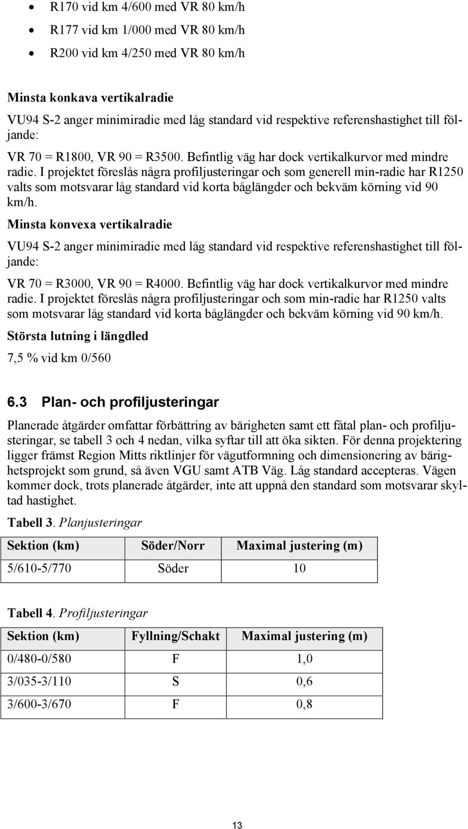 I projektet föreslås några profiljusteringar och som generell min-radie har R1250 valts som motsvarar låg standard vid korta båglängder och bekväm körning vid 90 km/h.