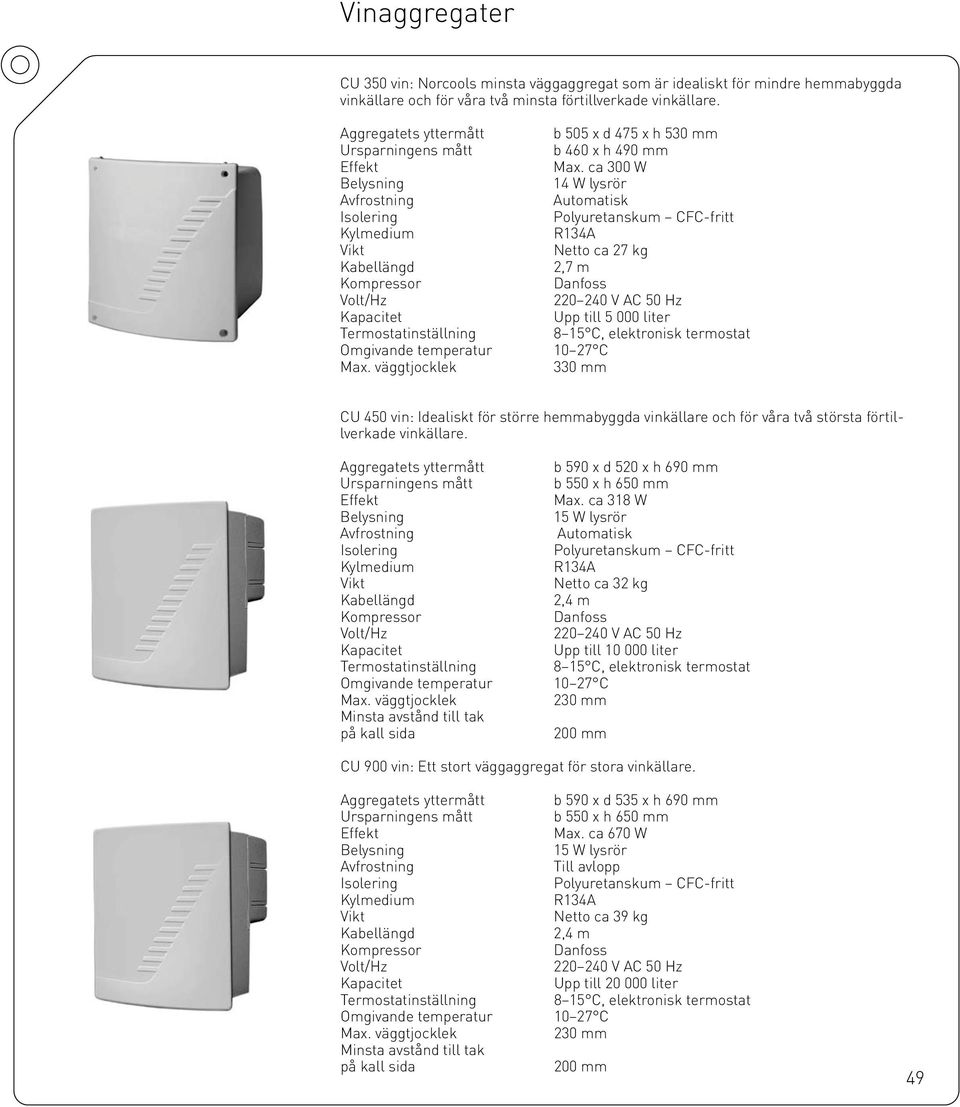 ca 300 W 14 W lysrör Automatisk Polyuretanskum CFC-fritt Netto ca 27 kg 2,7 m Upp till 5 000 liter 8 15 C, elektronisk termostat 10 27 C 330 mm CU 450 vin: Idealiskt för större hemmabyggda vinkällare