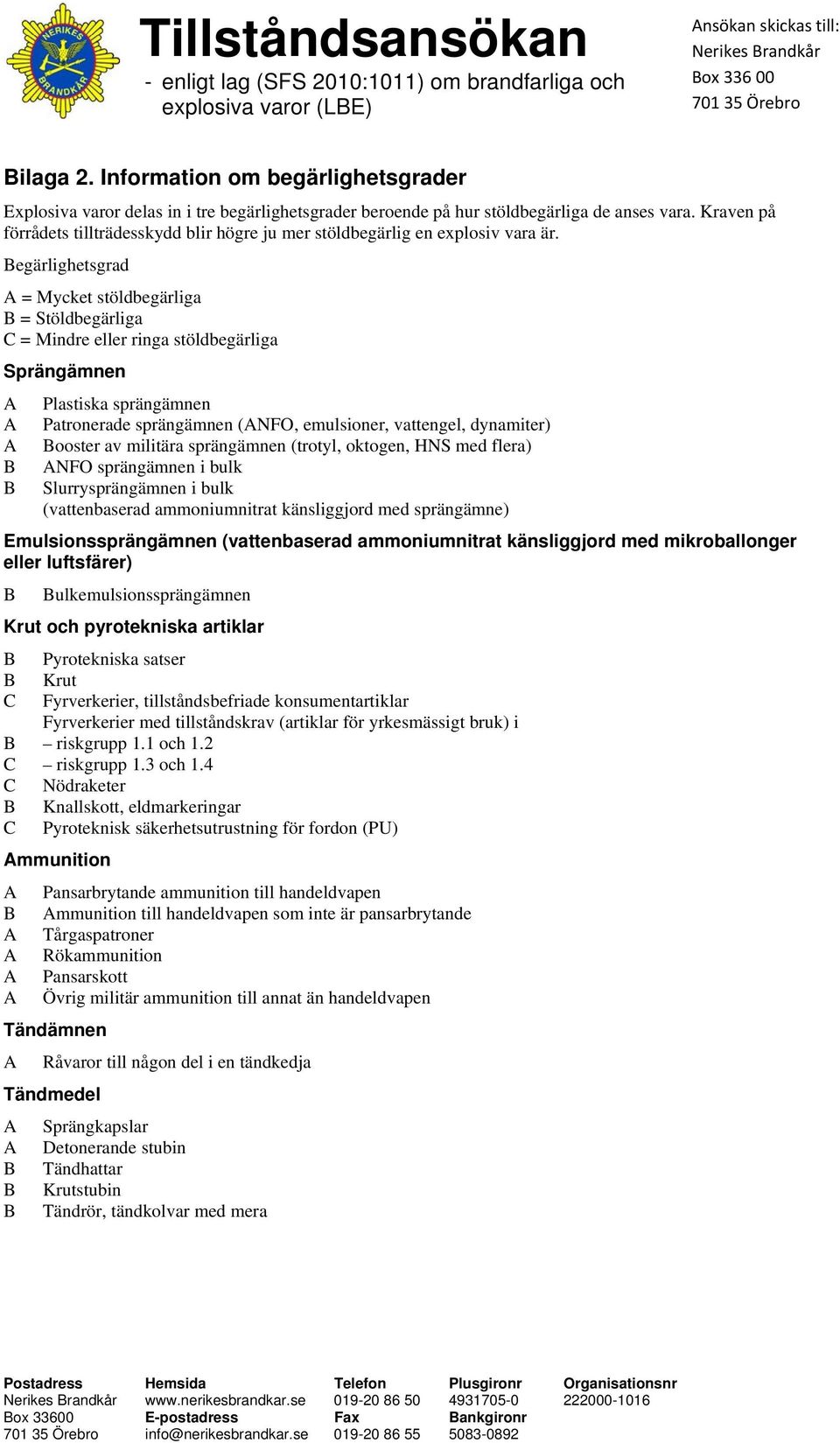 Begärlighetsgrad A = Mycket stöldbegärliga B = Stöldbegärliga C = Mindre eller ringa stöldbegärliga Sprängämnen A Plastiska sprängämnen A Patronerade sprängämnen (ANFO, emulsioner, vattengel,