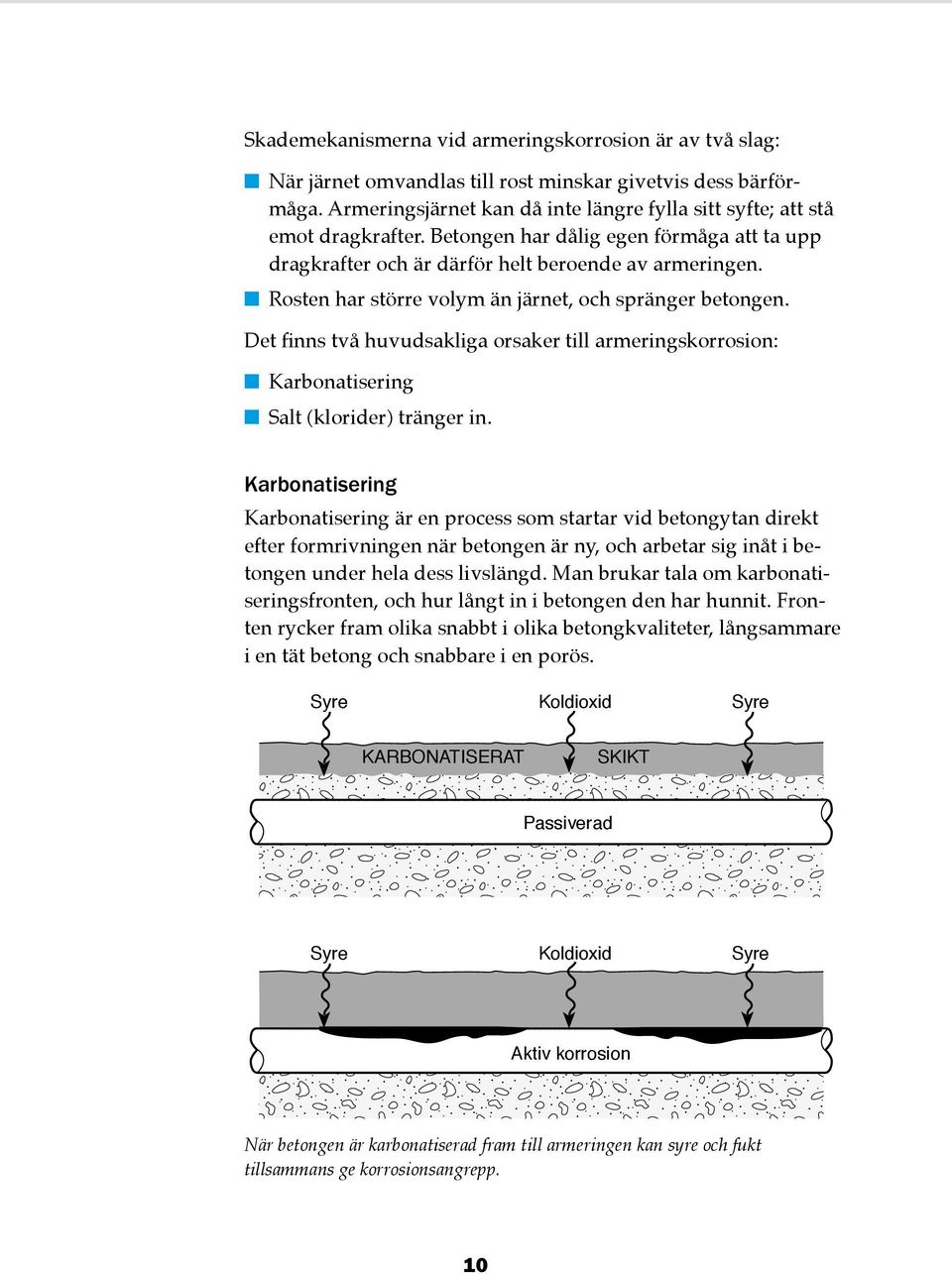 Det finns två huvudsakliga orsaker till armeringskorrosion: Karbonatisering Salt (klorider) tränger in.