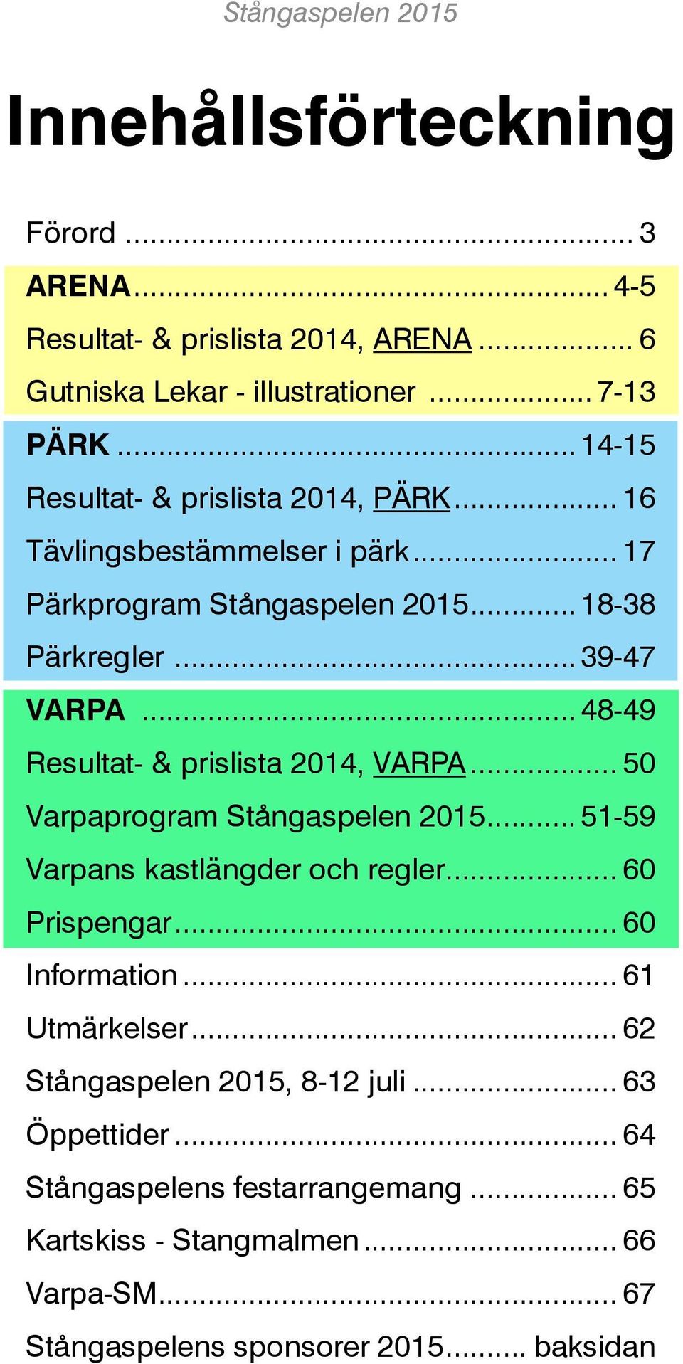 .. 48-49 Resultat- & prislista 2014, VARPA... 50 Varpaprogram Stångaspelen 2015... 51-59 Varpans kastlängder och regler... 60 Prispengar... 60 Information.