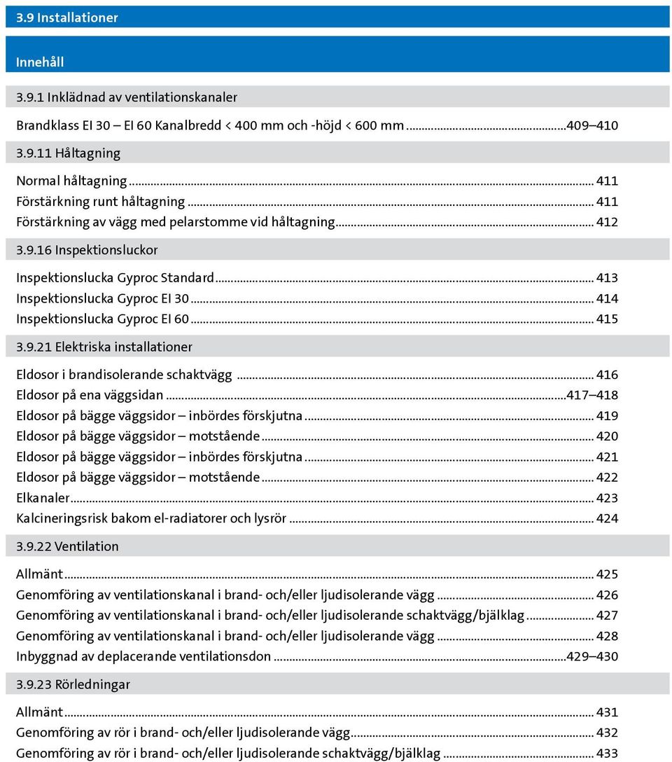 21 Elektriska installationer Eldosor i brandisolerande schaktvägg... 416 Eldosor på ena väggsidan...417 418 Eldosor på bägge väggsidor inbördes förskjutna... 419 Eldosor på bägge väggsidor motstående.