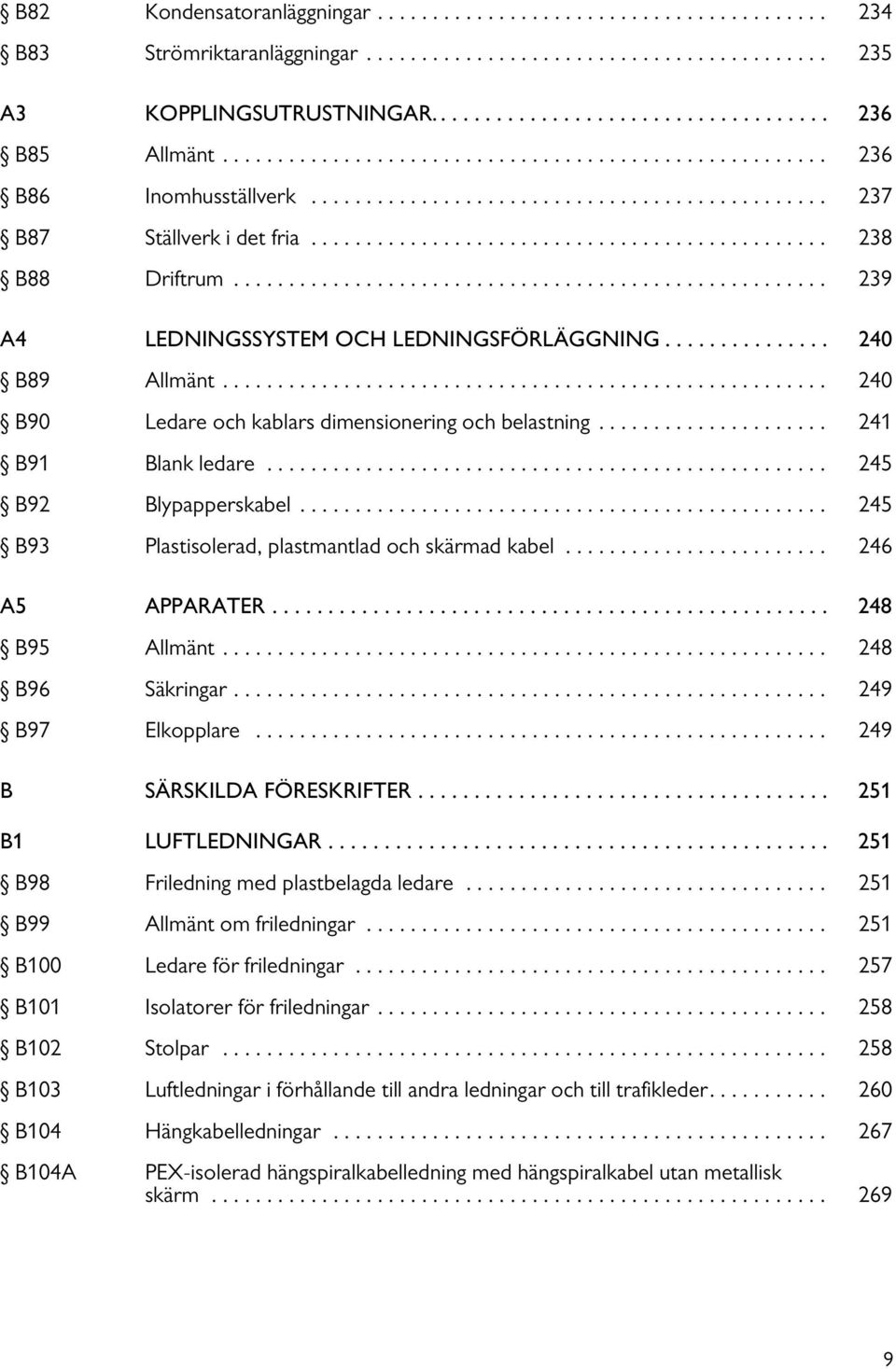 ..................................................... 239 A4 LEDNINGSSYSTEM OCH LEDNINGSFÖRLÄGGNING............... 240 B89 Allmänt....................................................... 240 B90 Ledare och kablars dimensionering och belastning.