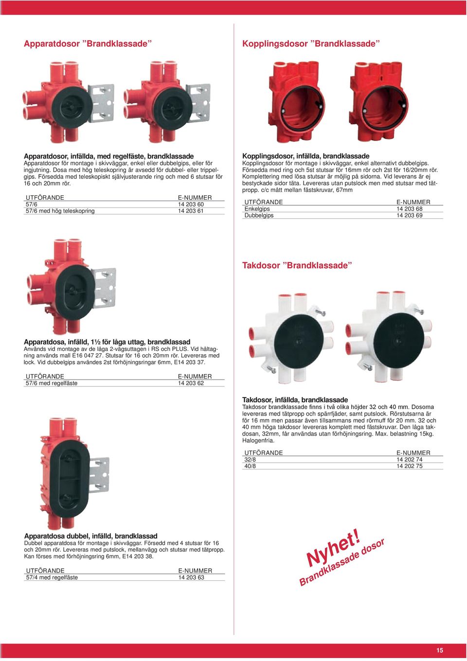57/6 14 203 60 57/6 med hög teleskopring 14 203 61 Kopplingsdosor, infällda, brandklassade Kopplingsdosor för montage i skivväggar, enkel alternativt dubbelgips.
