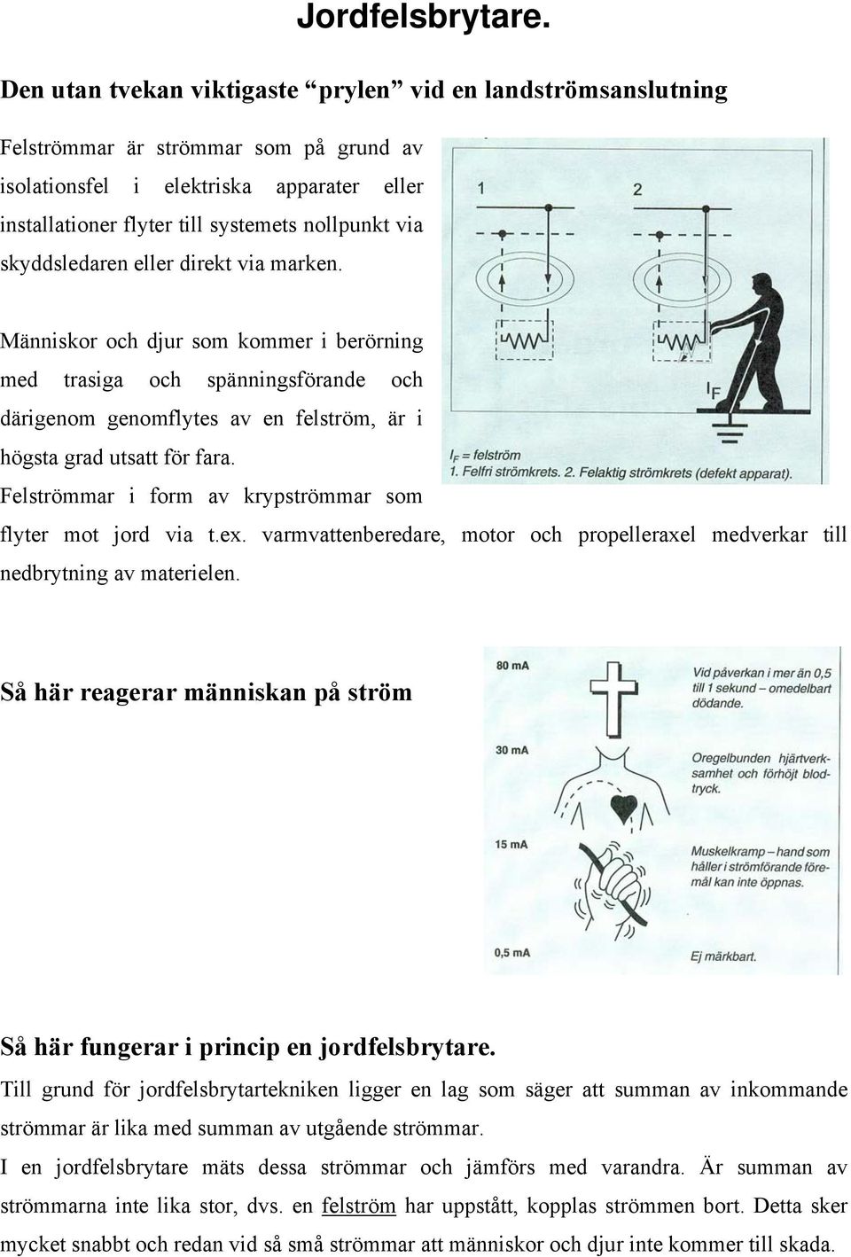 skyddsledaren eller direkt via marken. Människor och djur som kommer i berörning med trasiga och spänningsförande och därigenom genomflytes av en felström, är i högsta grad utsatt för fara.